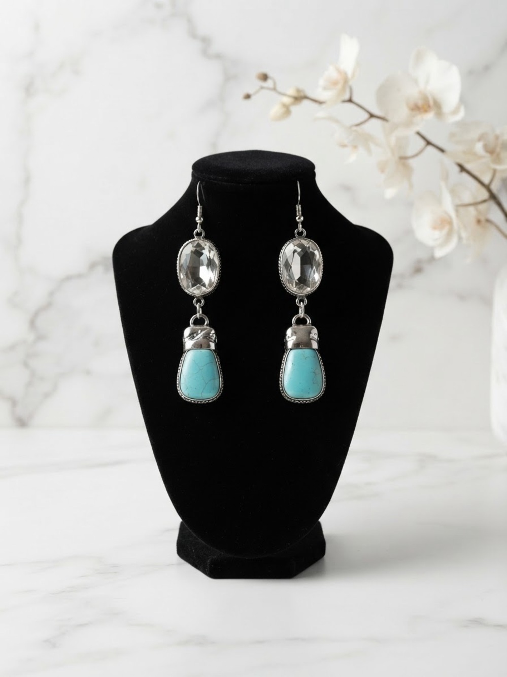 Boho " Pica Jade " Silver Dangle Earrings with a crystal and Pica
Jade Stone R4A